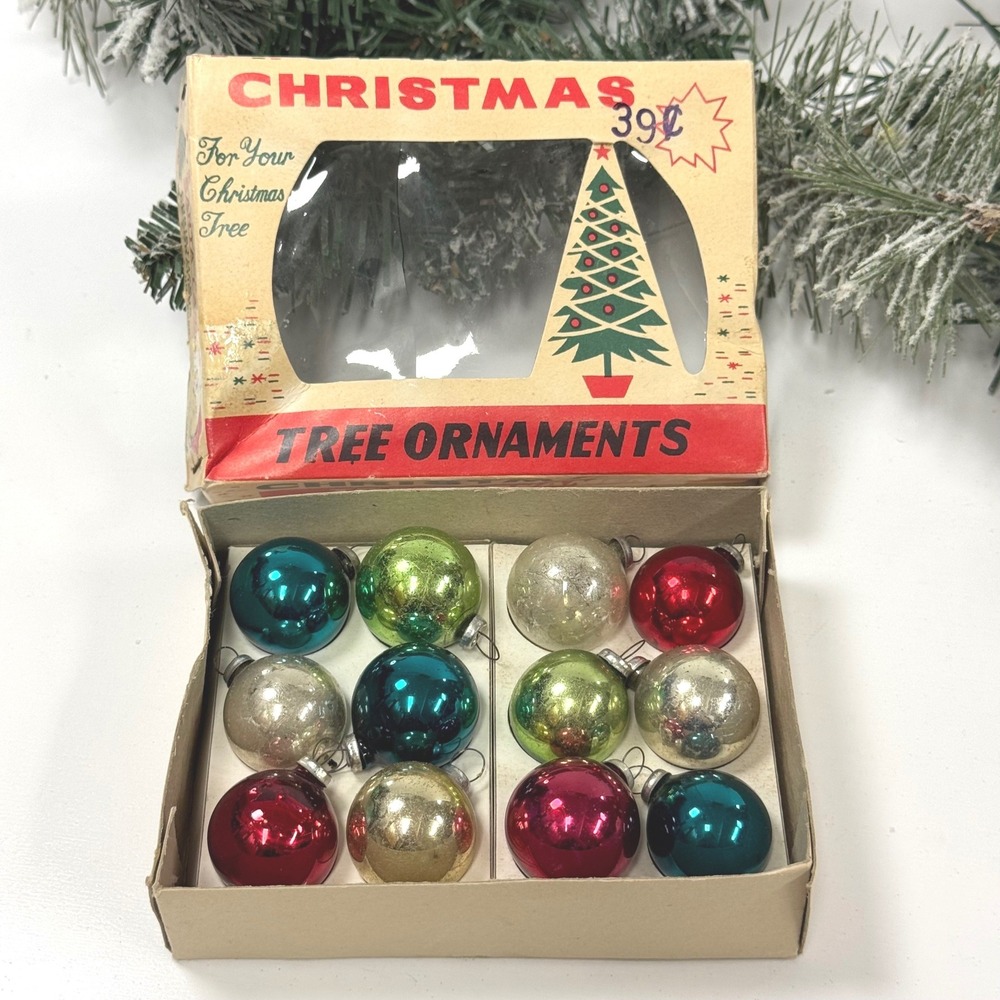 Vintage Mini Glass Christmas Tree Ornaments Box Set of 12 Colorful